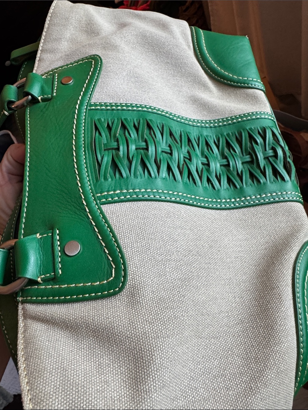 Cole Haan Beige Canvas Tote with Green Leather Trim - Picture 13 of 13